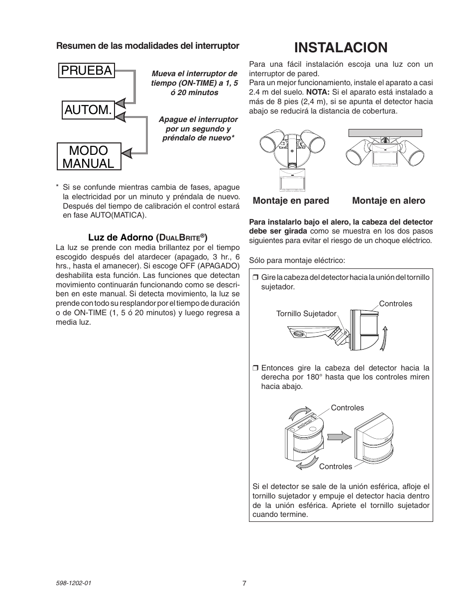 Instalacion, Prueba autom. modo manual | Heath Zenith 5105 User Manual | Page 7 / 16