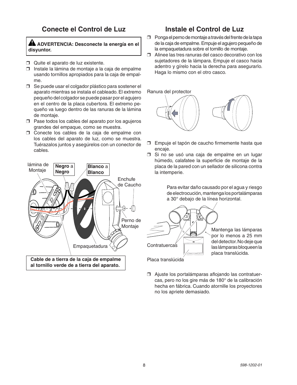Conecte el control de luz, Instale el control de luz | Heath Zenith 5105 User Manual | Page 8 / 16