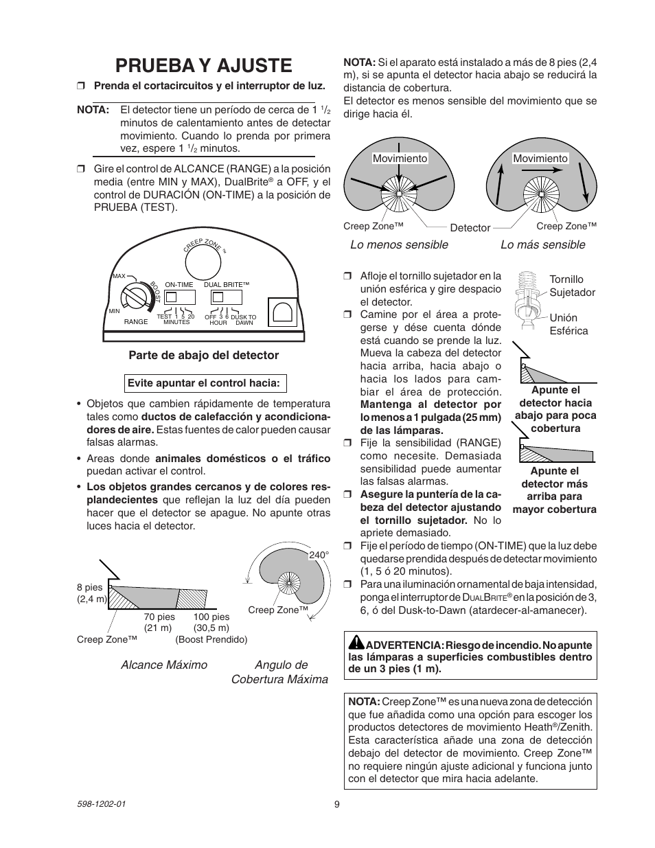 Prueba y ajuste, Parte de abajo del detector, Lo menos sensible lo más sensible | Alcance máximo angulo de cobertura máxima | Heath Zenith 5105 User Manual | Page 9 / 16