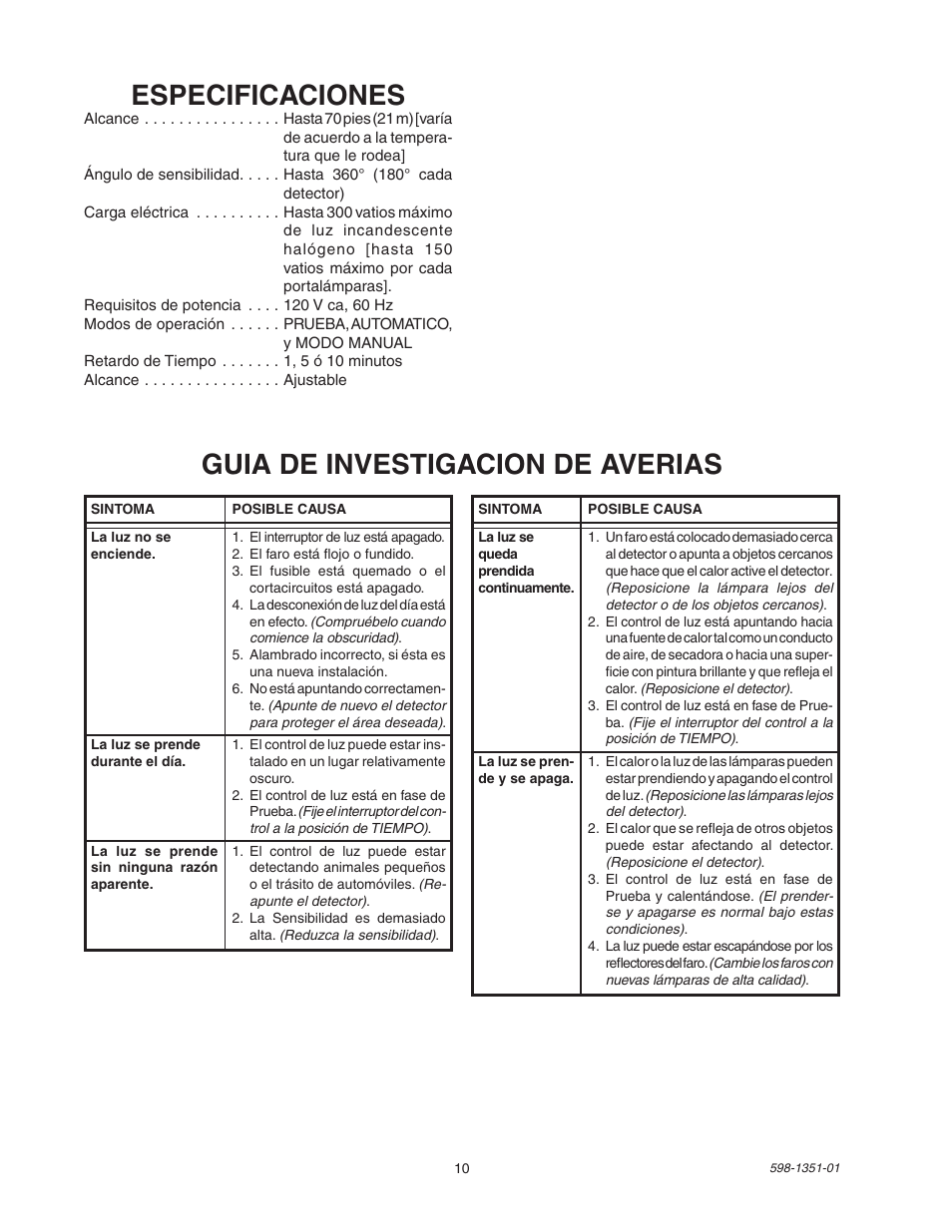 Guia de investigacion de averias, Especificaciones | Heath Zenith MSL360FWPB User Manual | Page 10 / 16