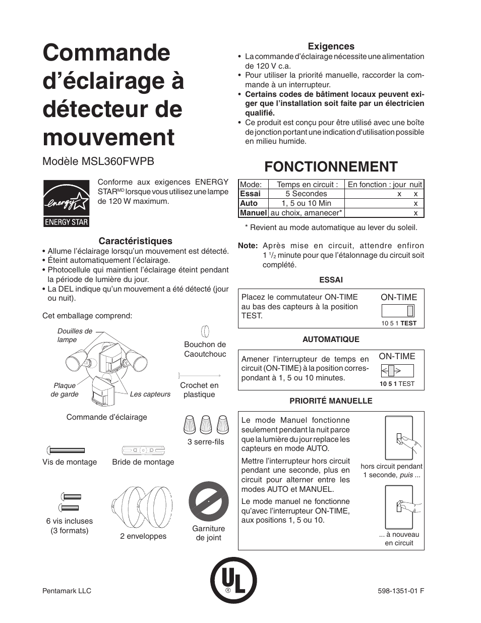 Commande d’éclairage à détecteur de mouvement, Fonctionnement, Modèle msl360fwpb | Heath Zenith MSL360FWPB User Manual | Page 12 / 16