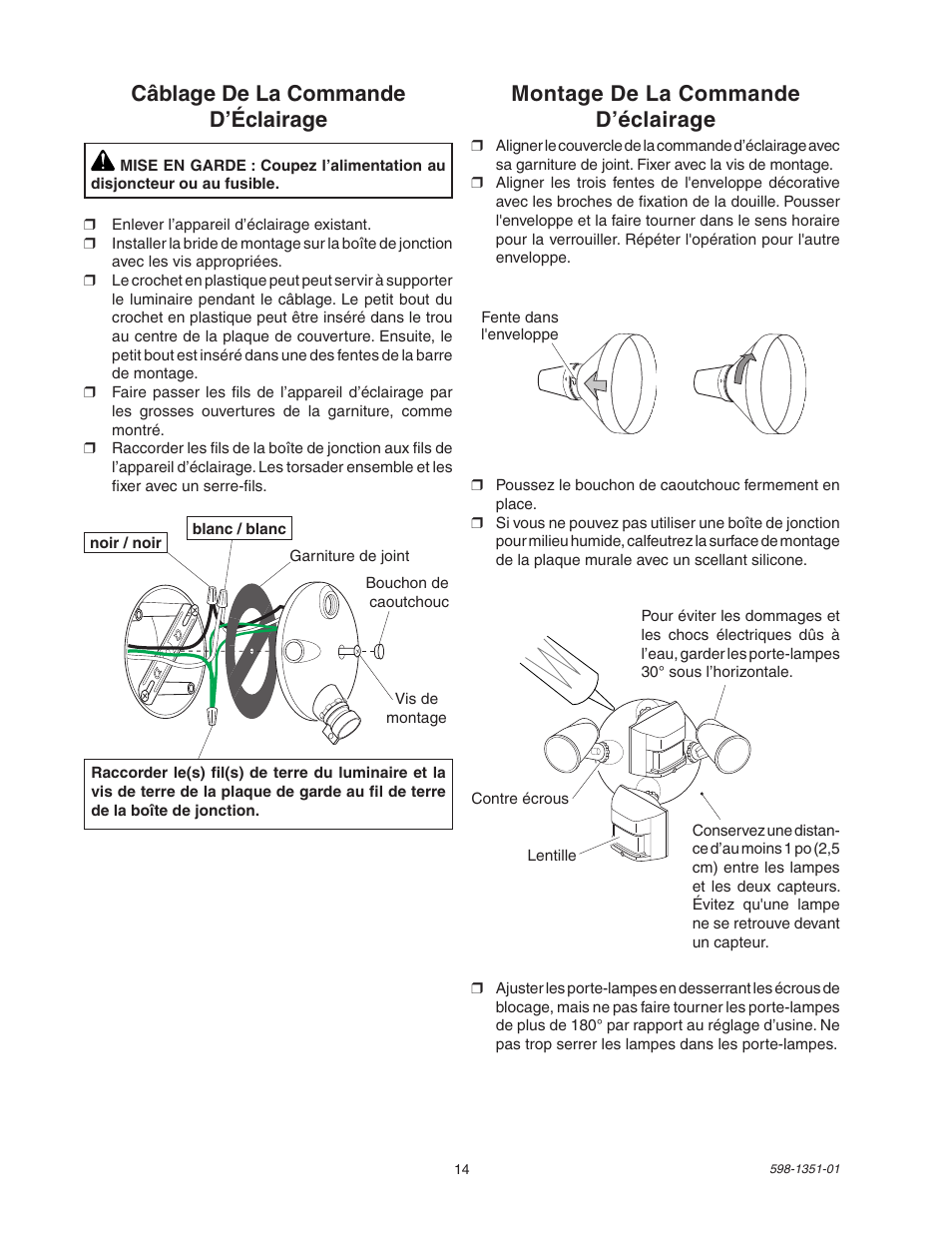 Montage de la commande d’éclairage, Câblage de la commande d’éclairage | Heath Zenith MSL360FWPB User Manual | Page 14 / 16