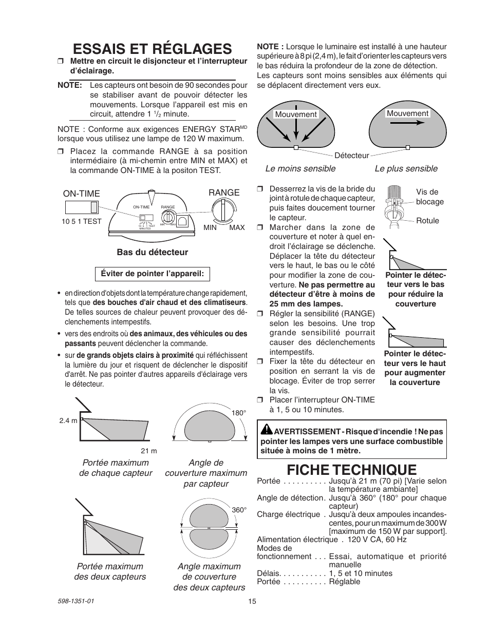 Essais et réglages, Fiche technique | Heath Zenith MSL360FWPB User Manual | Page 15 / 16