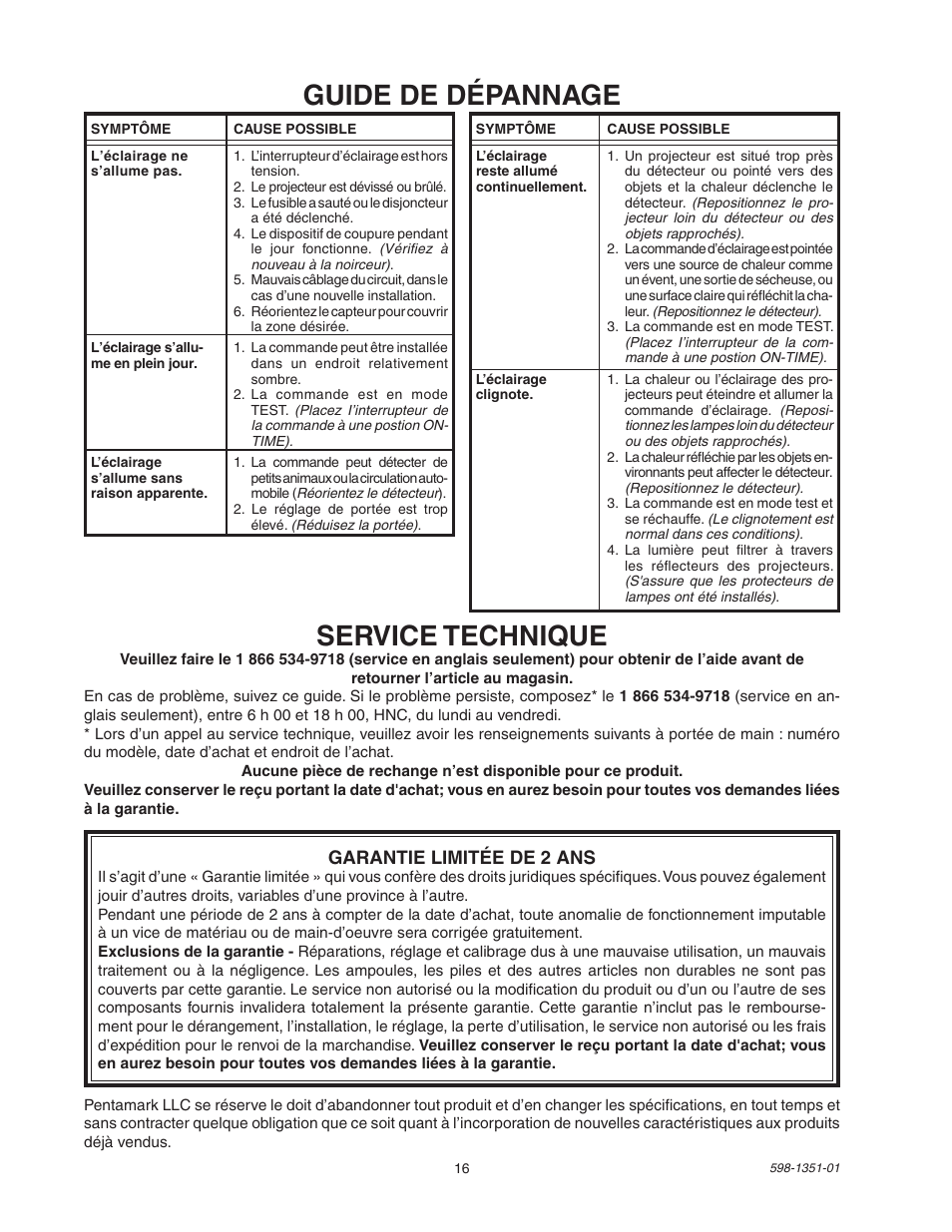 Guide de dépannage, Service technique, Garantie limitée de 2 ans | Heath Zenith MSL360FWPB User Manual | Page 16 / 16