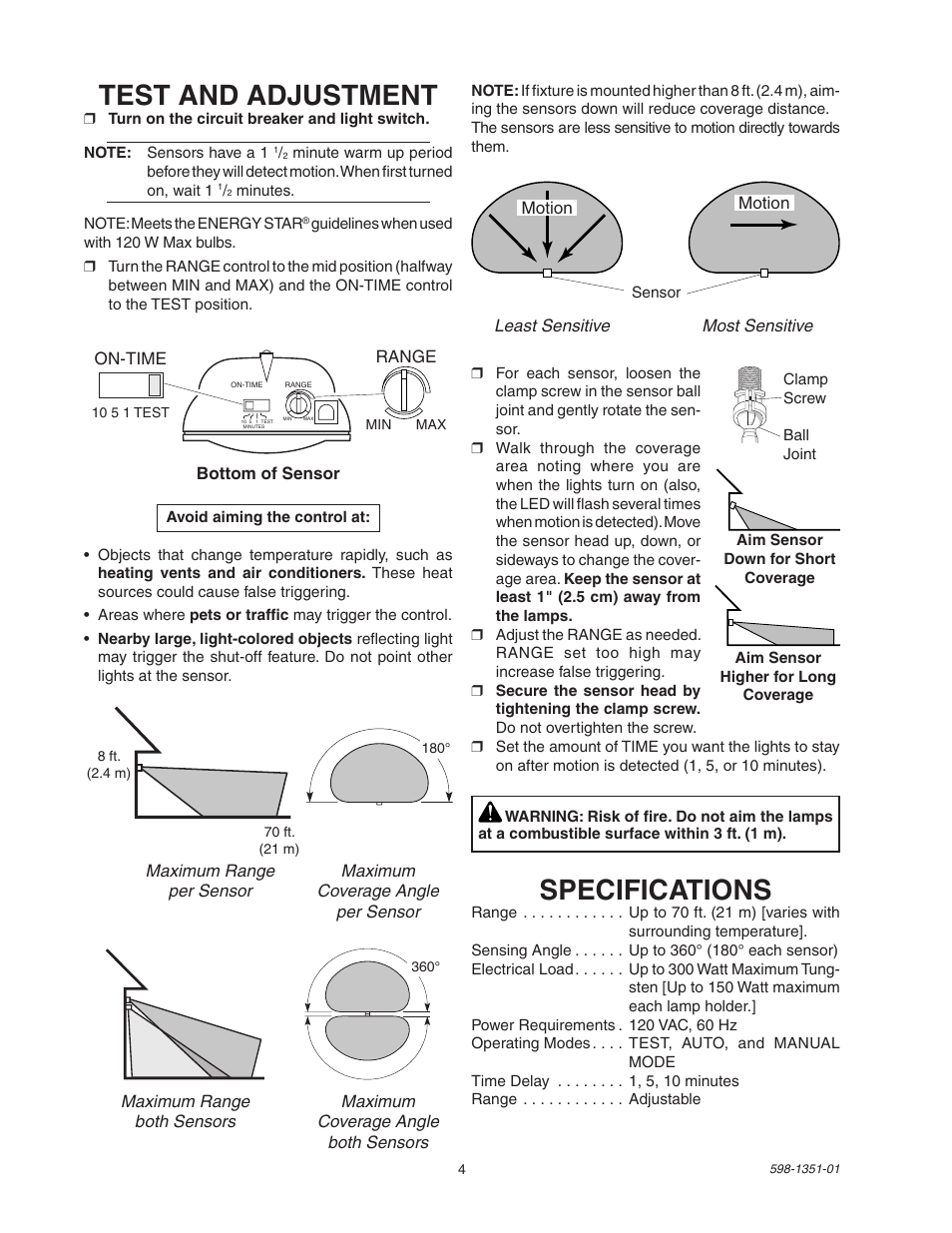 Test and adjustment, Specifications | Heath Zenith MSL360FWPB User Manual | Page 4 / 16