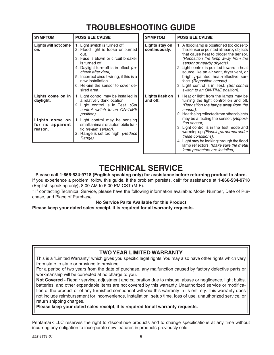 Troubleshooting guide, Technical service, Two year limited warranty | Heath Zenith MSL360FWPB User Manual | Page 5 / 16