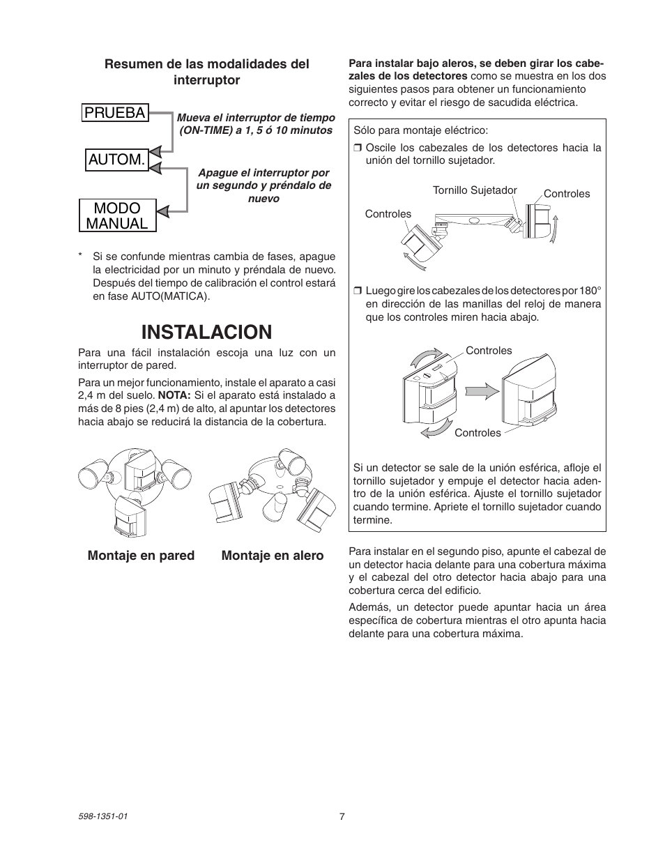 Instalacion, Prueba autom. modo manual | Heath Zenith MSL360FWPB User Manual | Page 7 / 16