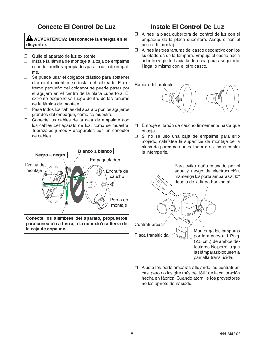Instale el control de luz, Conecte el control de luz | Heath Zenith MSL360FWPB User Manual | Page 8 / 16