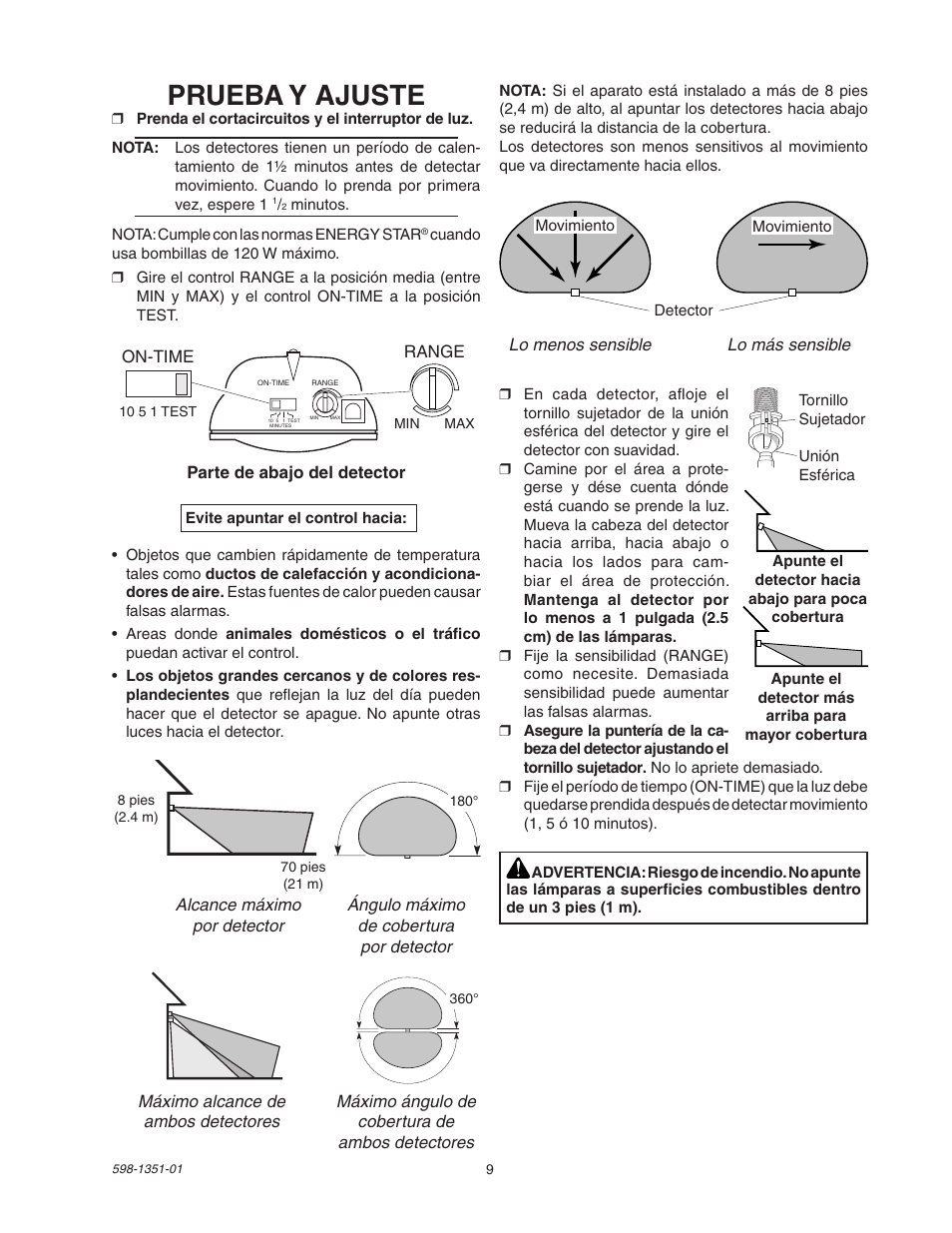 Prueba y ajuste | Heath Zenith MSL360FWPB User Manual | Page 9 / 16