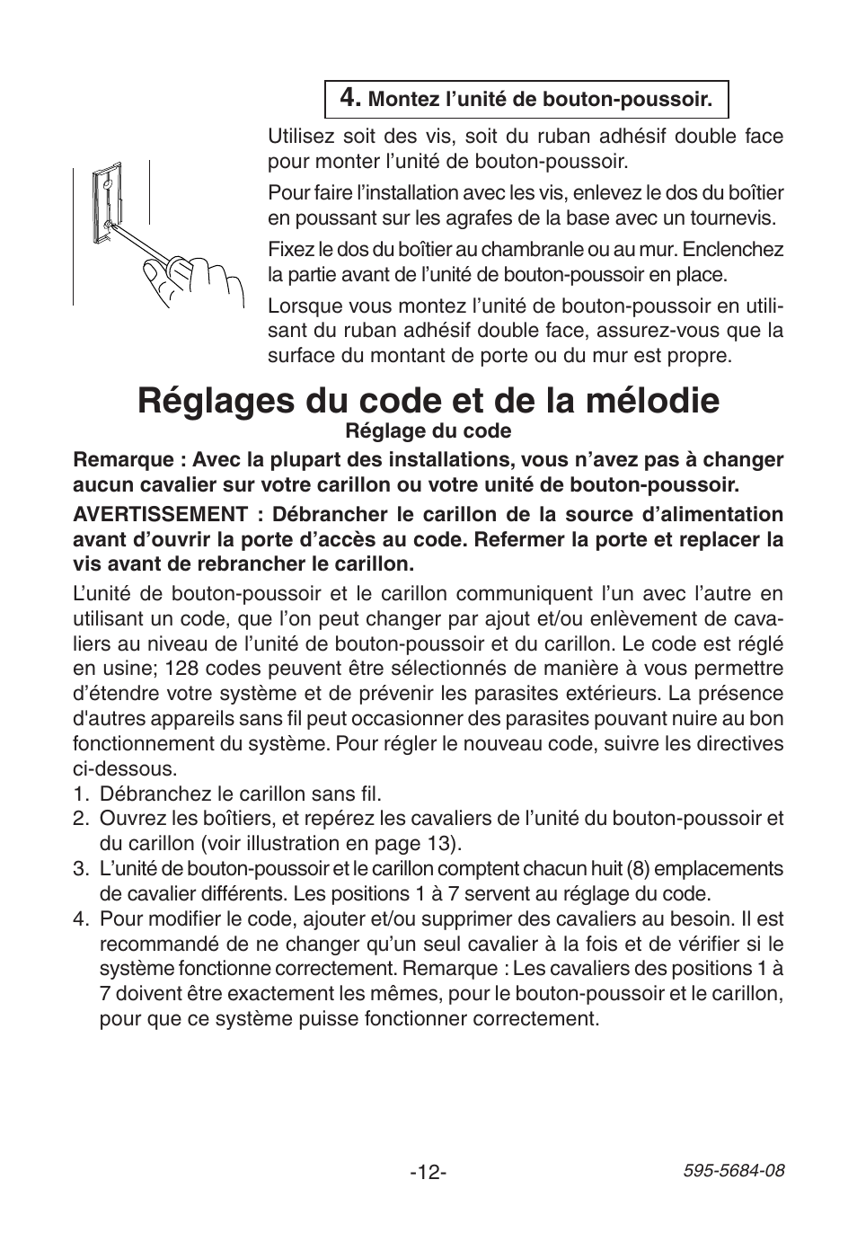 Réglages du code et de la mélodie | Heath Zenith 595-5684-08 User Manual | Page 12 / 16