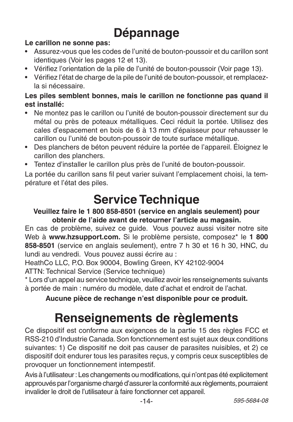 Dépannage, Service technique, Renseignements de règlements | Heath Zenith 595-5684-08 User Manual | Page 14 / 16