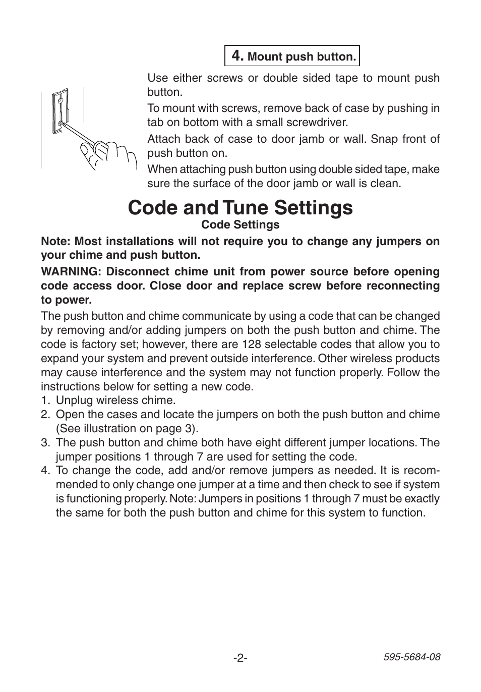 Code and tune settings | Heath Zenith 595-5684-08 User Manual | Page 2 / 16