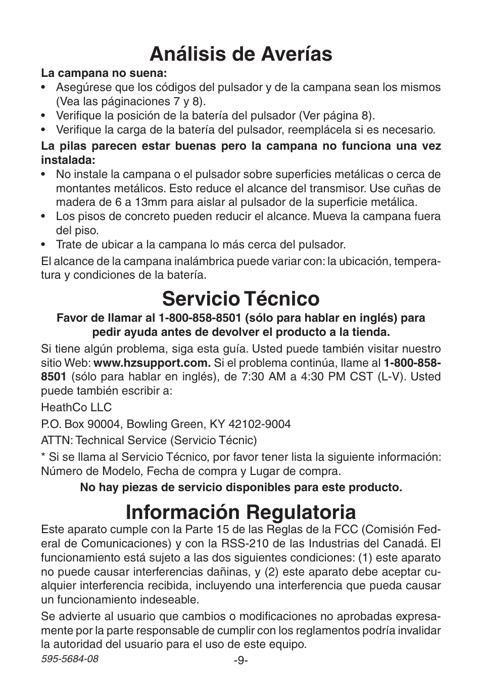 Análisis de averías, Servicio técnico, Información regulatoria | Heath Zenith 595-5684-08 User Manual | Page 9 / 16