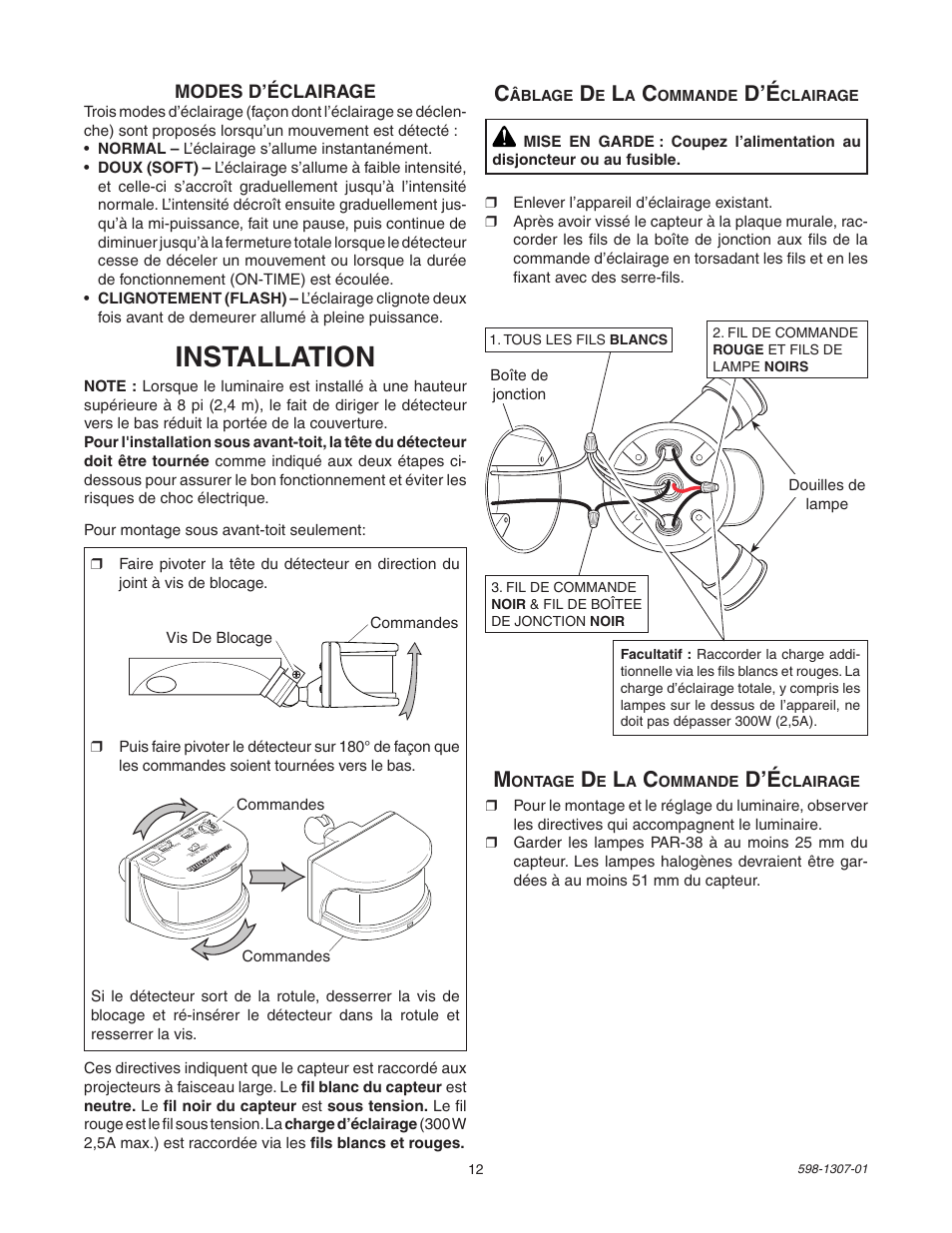 Installation, Modes d’éclairage | Heath Zenith 5716 User Manual | Page 12 / 16