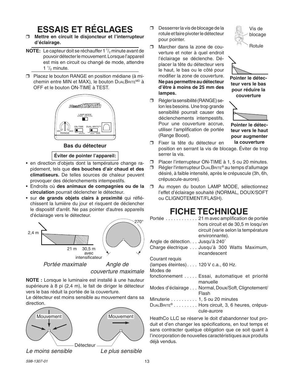 Fiche technique, Essais et réglages, Le moins sensible le plus sensible | Portée maximale, Angle de couverture maximale | Heath Zenith 5716 User Manual | Page 13 / 16