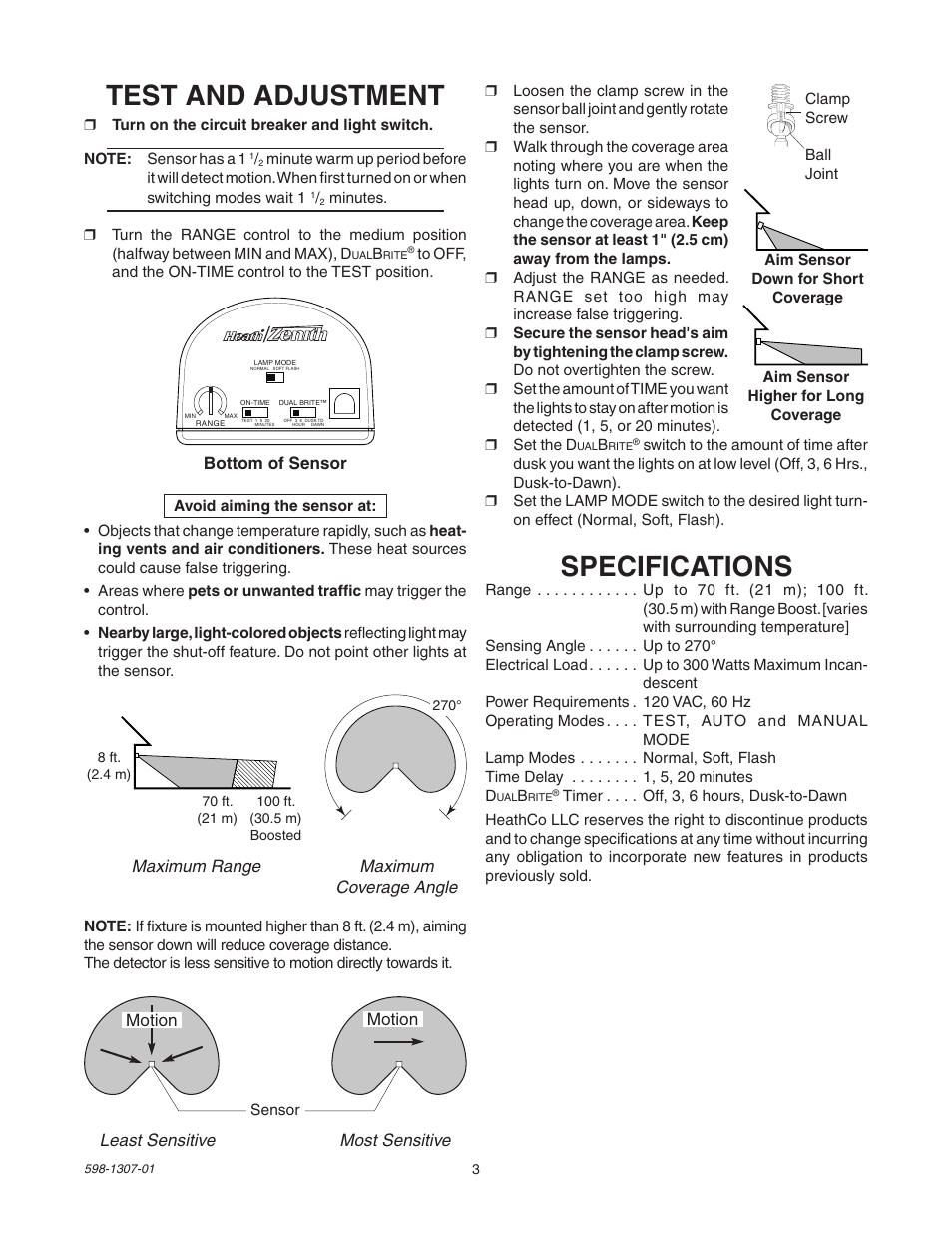 Specifications, Test and adjustment | Heath Zenith 5716 User Manual | Page 3 / 16