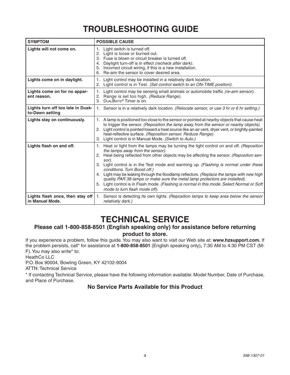 Troubleshooting guide technical service, No service parts available for this product | Heath Zenith 5716 User Manual | Page 4 / 16