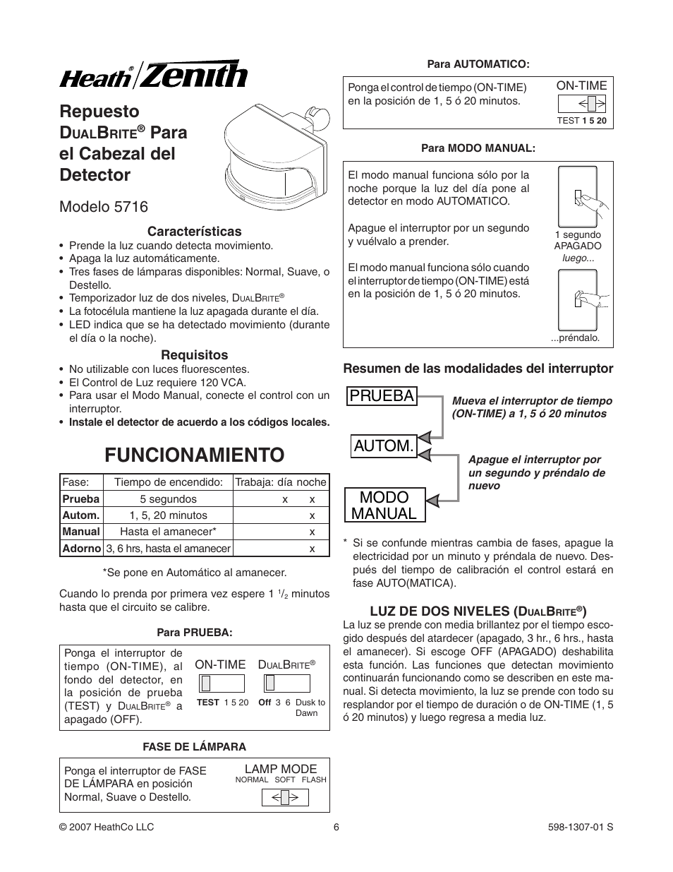 Funcionamiento, Repuesto d, Para el cabezal del detector | Prueba autom. modo manual, Modelo 5716 | Heath Zenith 5716 User Manual | Page 6 / 16