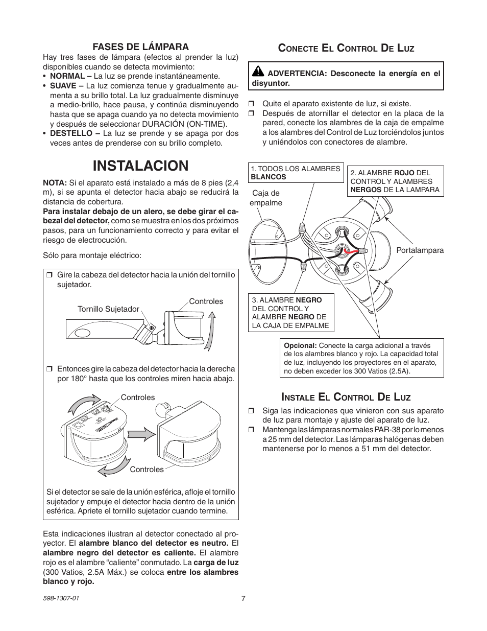 Instalacion, Fases de lámpara | Heath Zenith 5716 User Manual | Page 7 / 16