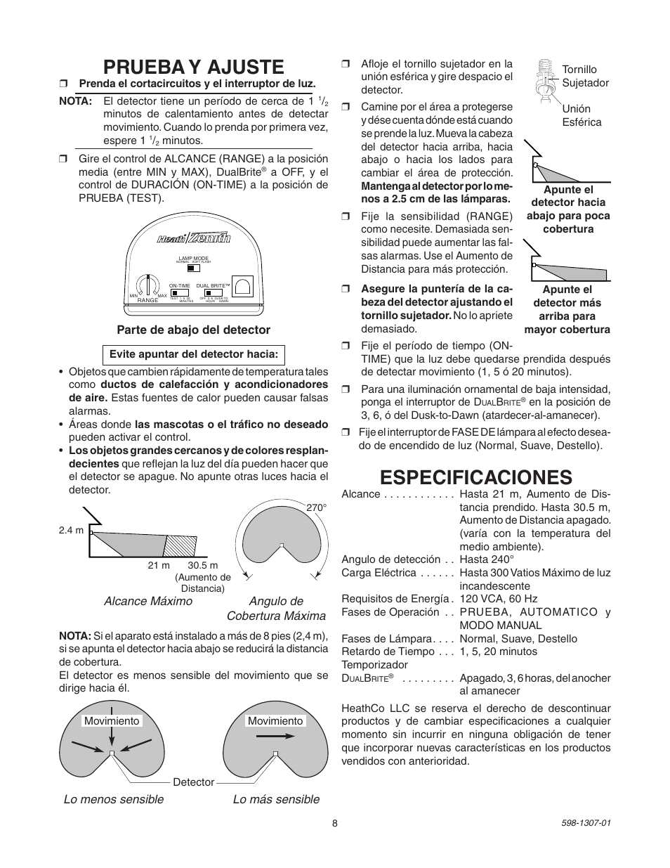 Especificaciones, Prueba y ajuste | Heath Zenith 5716 User Manual | Page 8 / 16