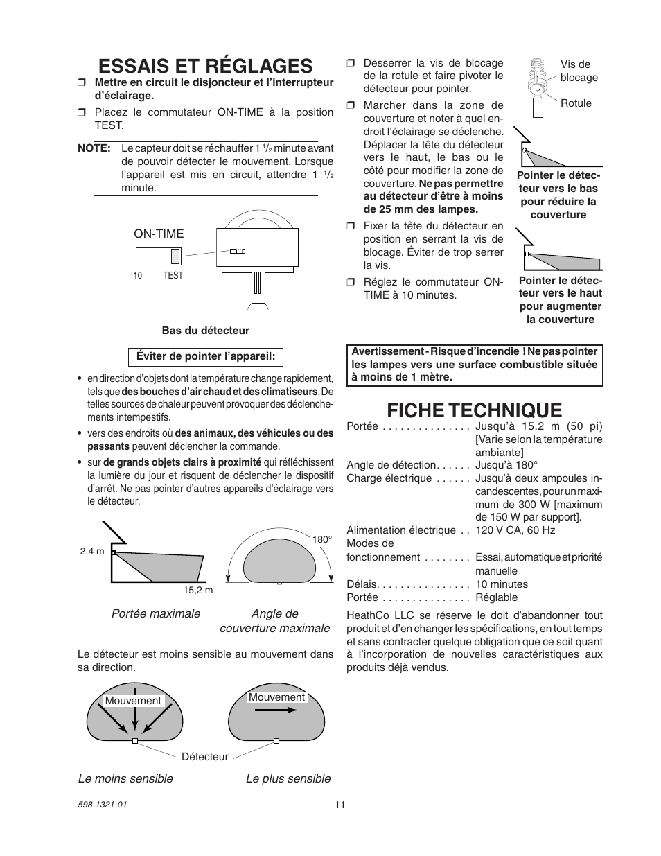 Essais et réglages, Fiche technique | Heath Zenith BL-1800 User Manual | Page 11 / 12