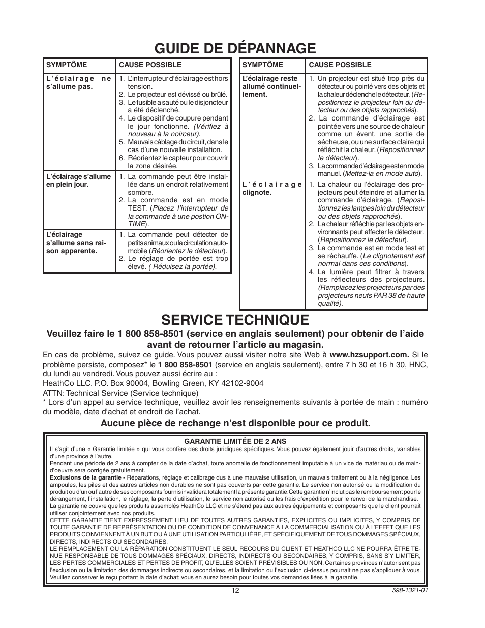 Guide de dépannage, Service technique | Heath Zenith BL-1800 User Manual | Page 12 / 12