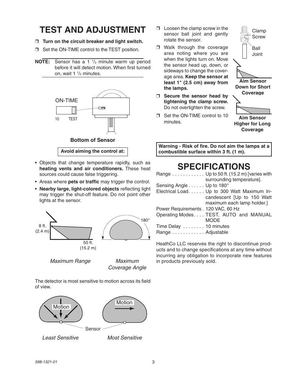 Test and adjustment, Specifications | Heath Zenith BL-1800 User Manual | Page 3 / 12