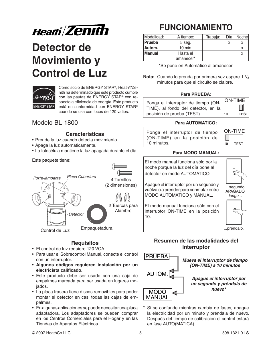 Detector de movimiento y control de luz, Funcionamiento, Modelo bl-1800 | Prueba autom. modo manual | Heath Zenith BL-1800 User Manual | Page 5 / 12