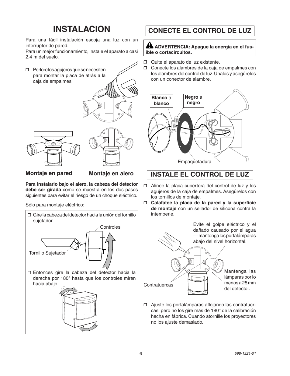 Instalacion, Conecte el control de luz, Instale el control de luz | Heath Zenith BL-1800 User Manual | Page 6 / 12