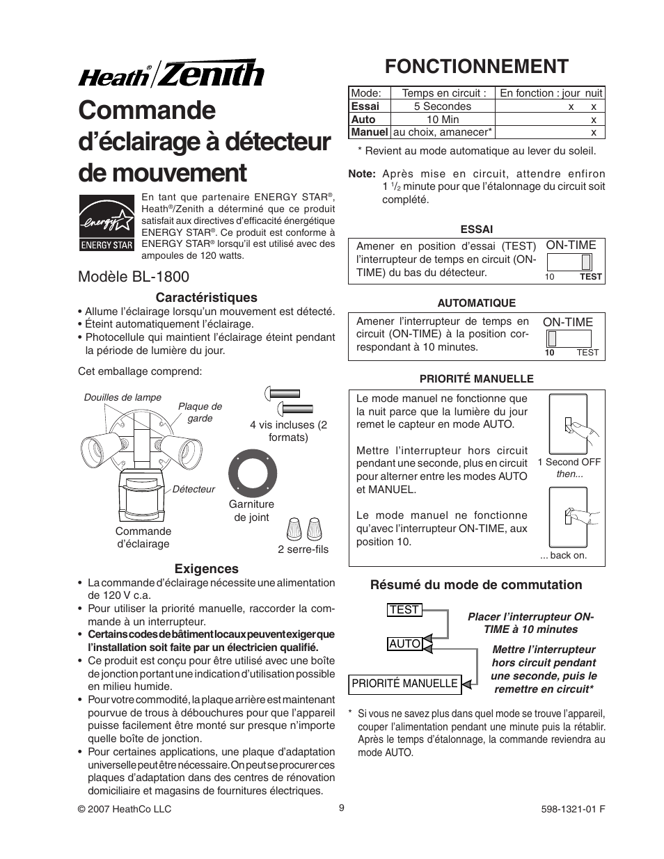 Commande d’éclairage à détecteur de mouvement, Fonctionnement, Modèle bl-1800 | Heath Zenith BL-1800 User Manual | Page 9 / 12