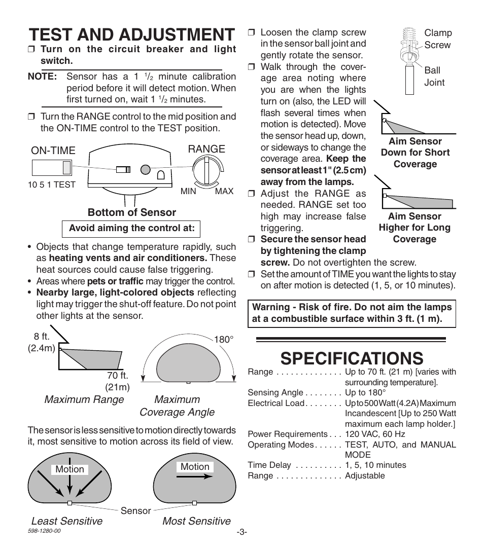 Test and adjustment, Specifications | Heath Zenith Replacement Motion Sensor P6036 User Manual | Page 3 / 4