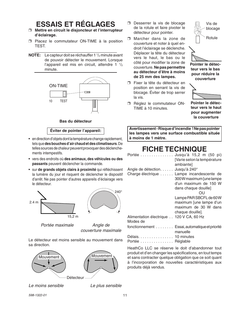 Essais et réglages, Fiche technique | Heath Zenith BL-2400 User Manual | Page 11 / 12