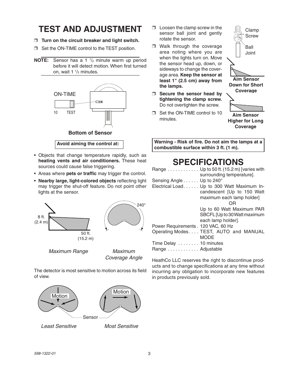 Test and adjustment, Specifications | Heath Zenith BL-2400 User Manual | Page 3 / 12