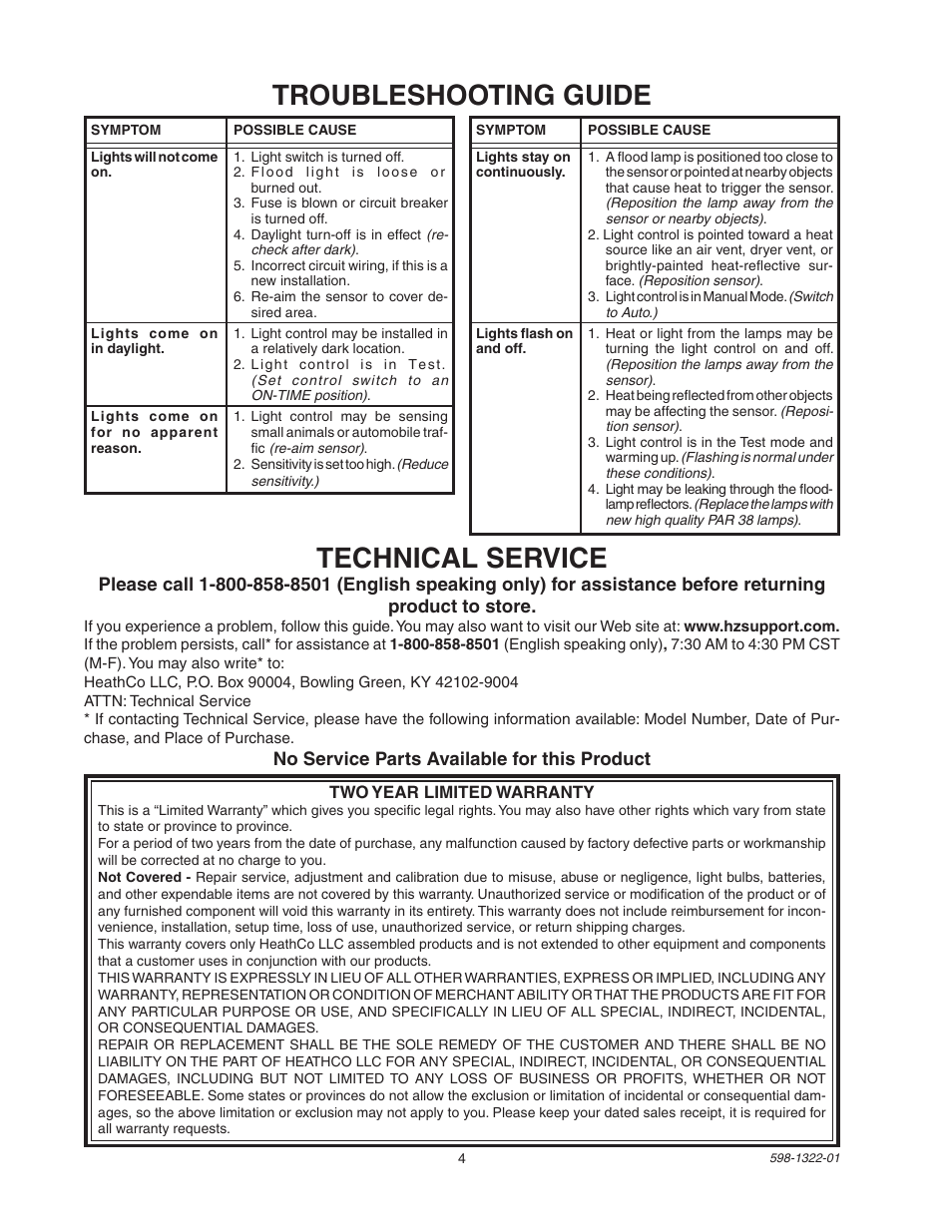 Troubleshooting guide, Technical service | Heath Zenith BL-2400 User Manual | Page 4 / 12