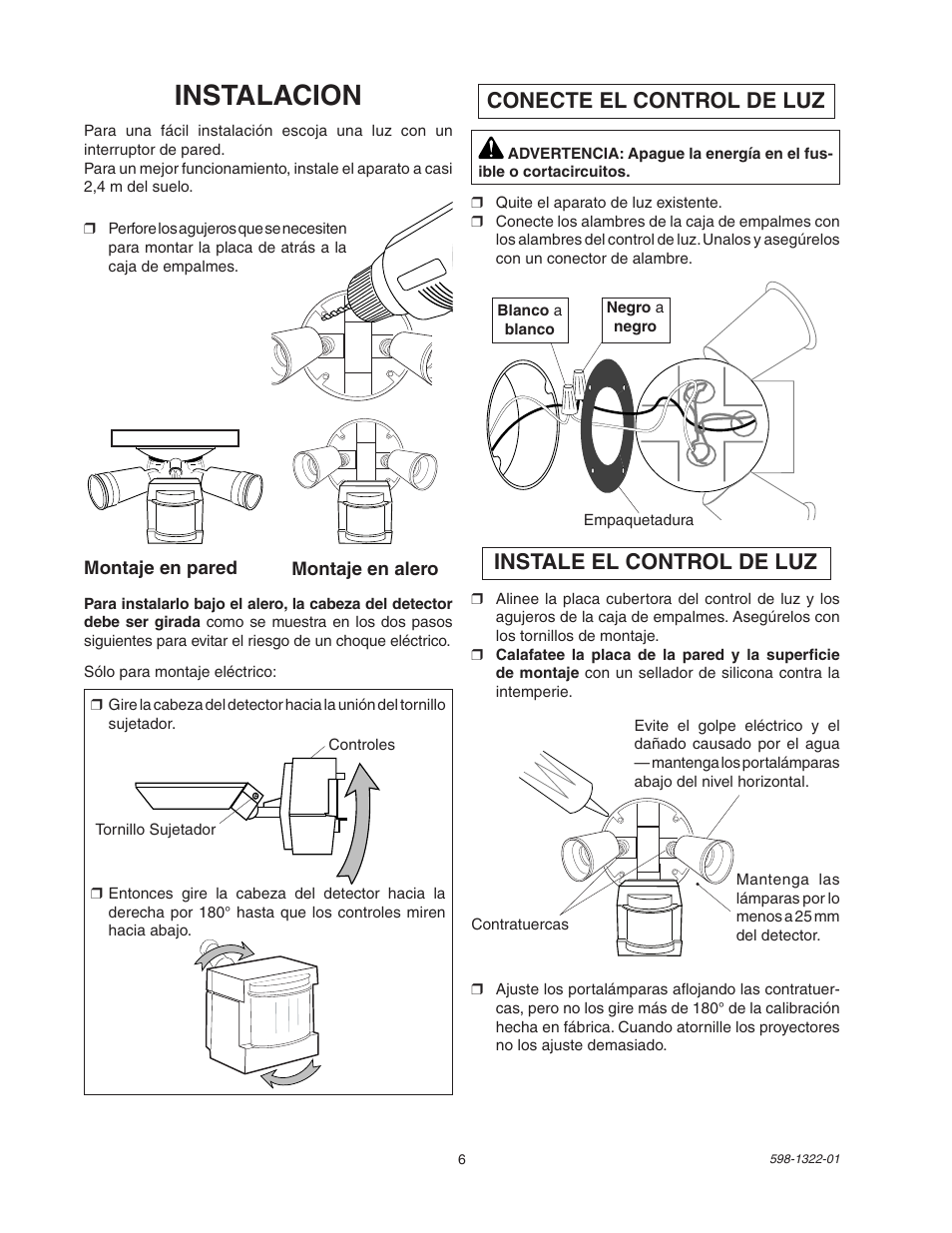 Instalacion, Conecte el control de luz, Instale el control de luz | Heath Zenith BL-2400 User Manual | Page 6 / 12