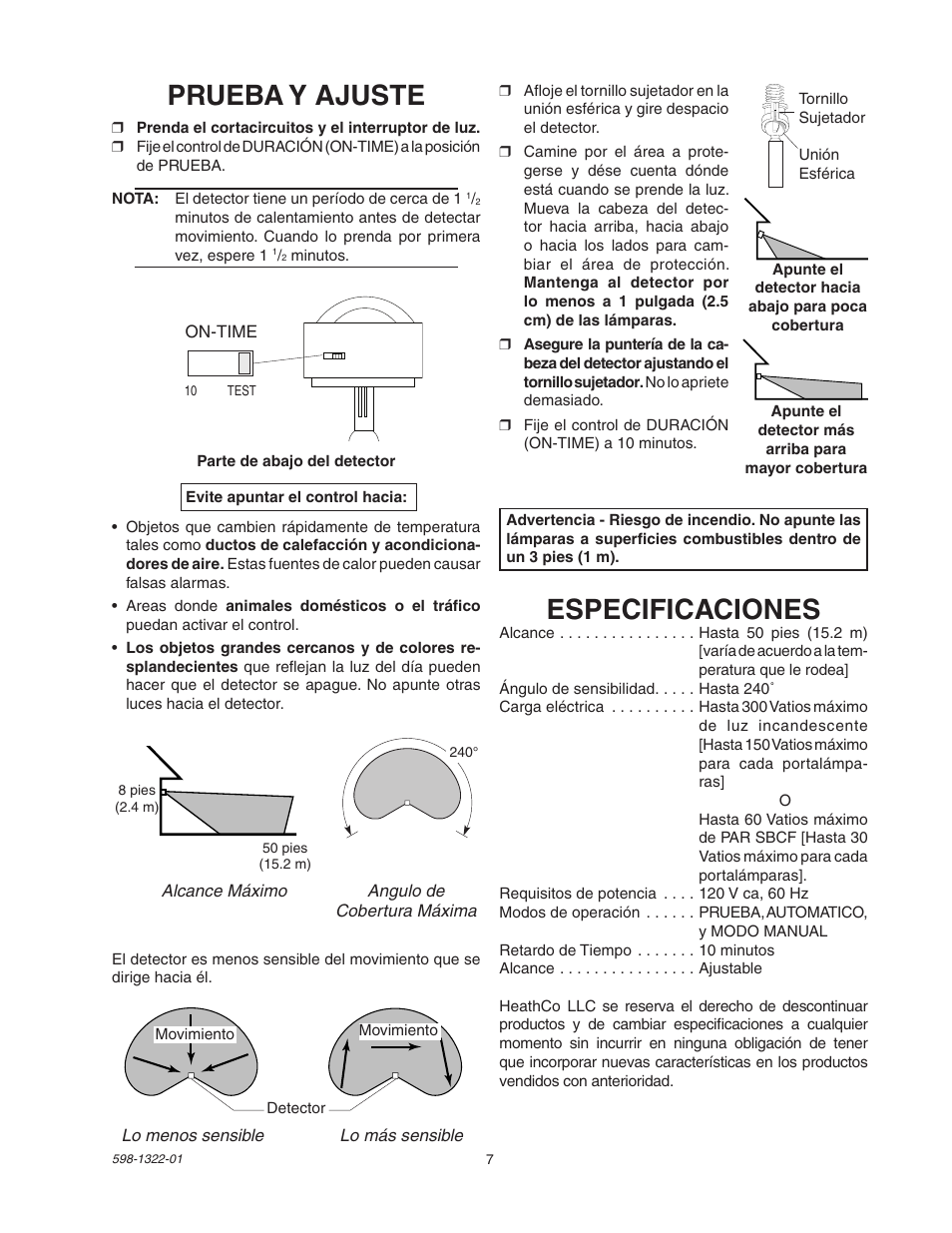 Prueba y ajuste, Especificaciones | Heath Zenith BL-2400 User Manual | Page 7 / 12