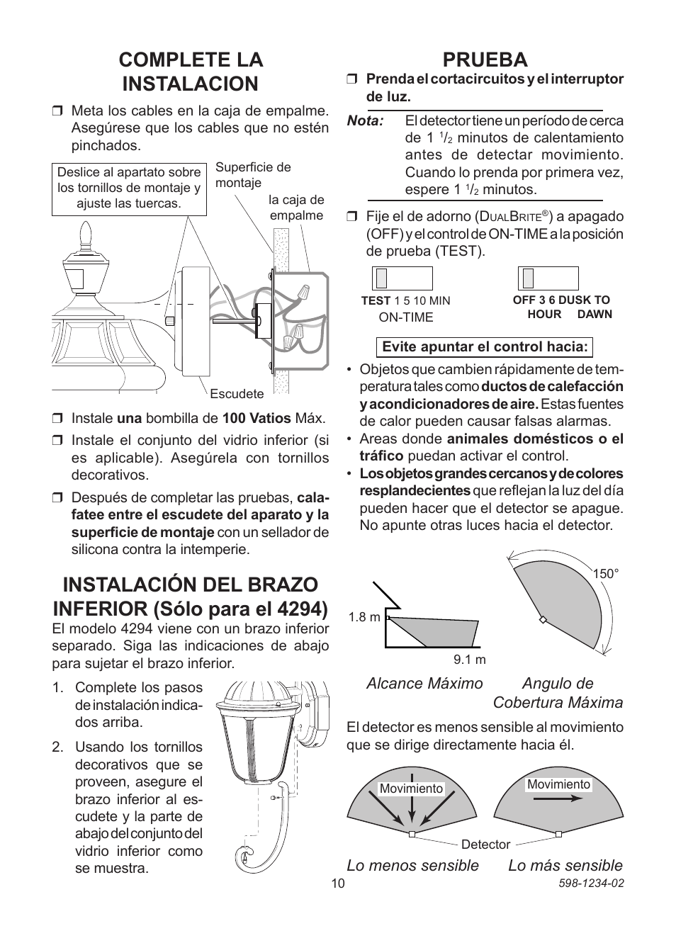 Prueba, Complete la instalacion, Instalación del brazo inferior (sólo para el 4294) | Heath Zenith PF-4290 Series User Manual | Page 10 / 20