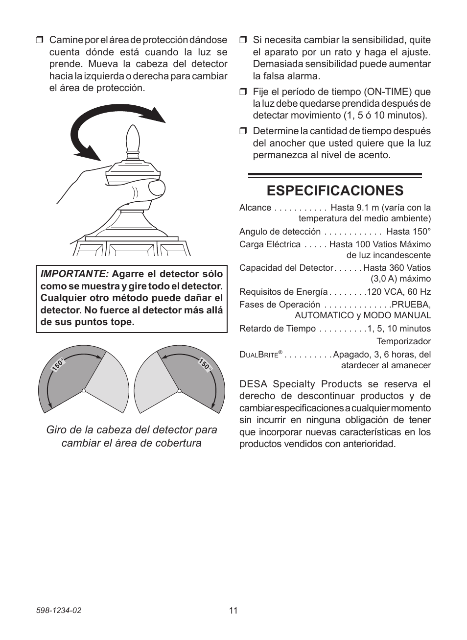 Especificaciones | Heath Zenith PF-4290 Series User Manual | Page 11 / 20