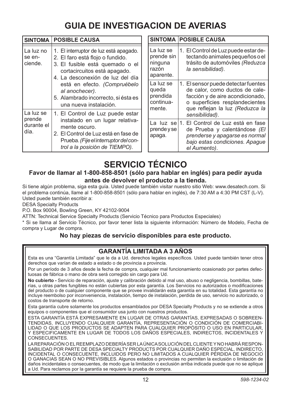 Guia de investigacion de averias, Servicio técnico | Heath Zenith PF-4290 Series User Manual | Page 12 / 20