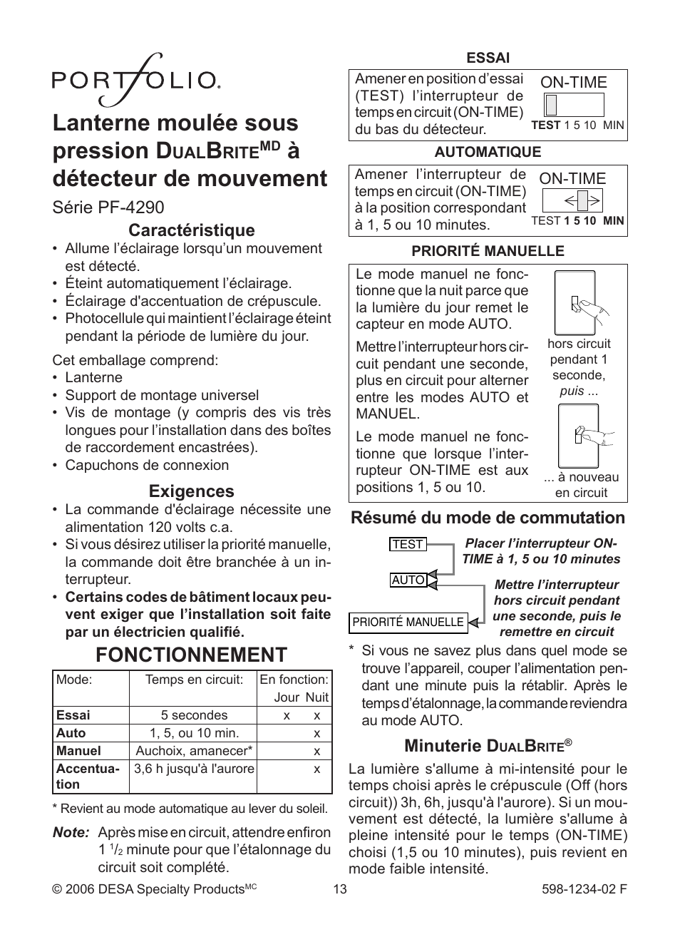 Lanterne moulée sous pression d, Àdétecteur de mouvement, Fonctionnement | Caractéristique, Exigences, Minuterie d, Résumé du mode de commutation, Série pf-4290 | Heath Zenith PF-4290 Series User Manual | Page 13 / 20