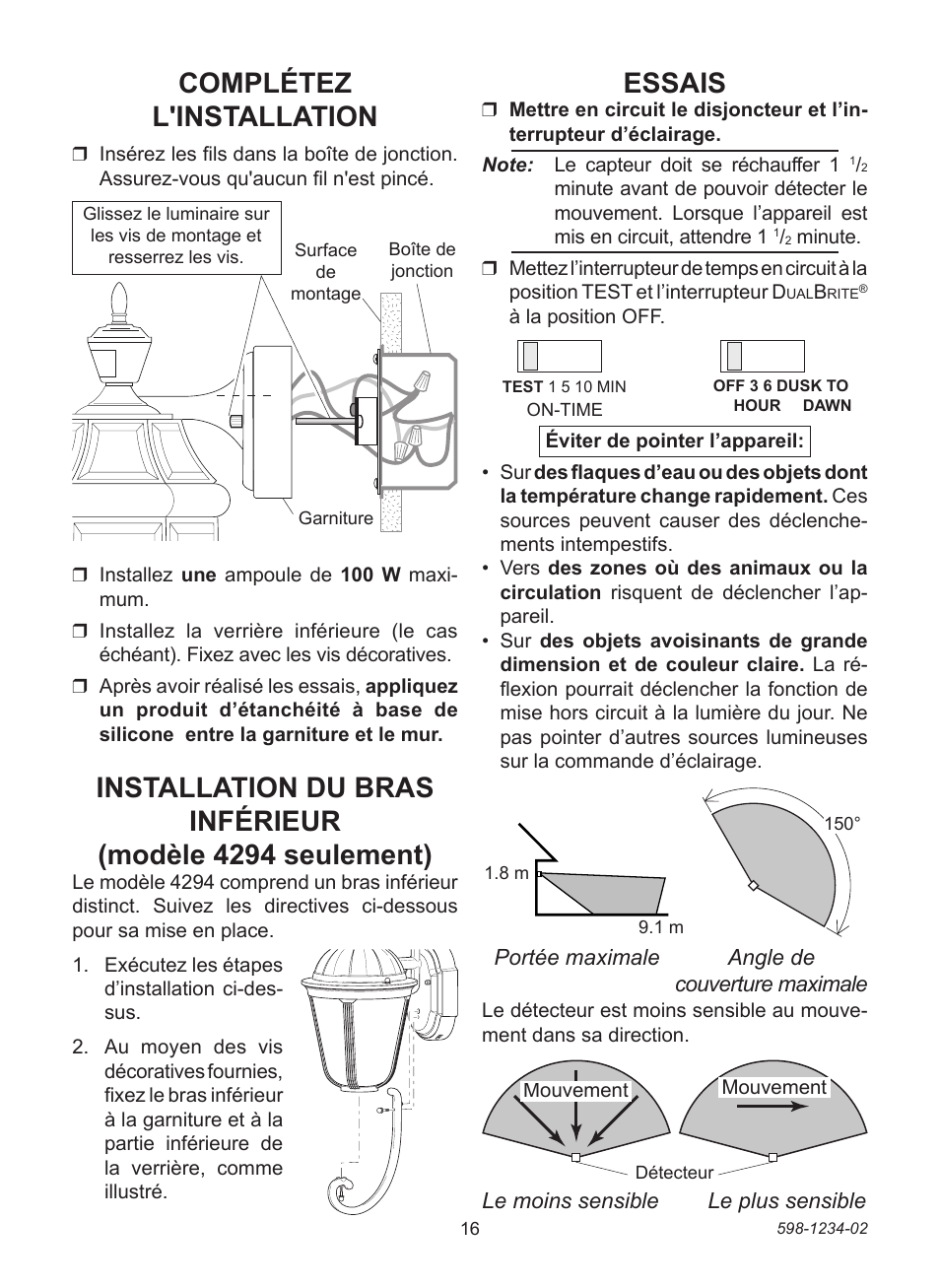 Complétez l'installation, Essais | Heath Zenith PF-4290 Series User Manual | Page 16 / 20