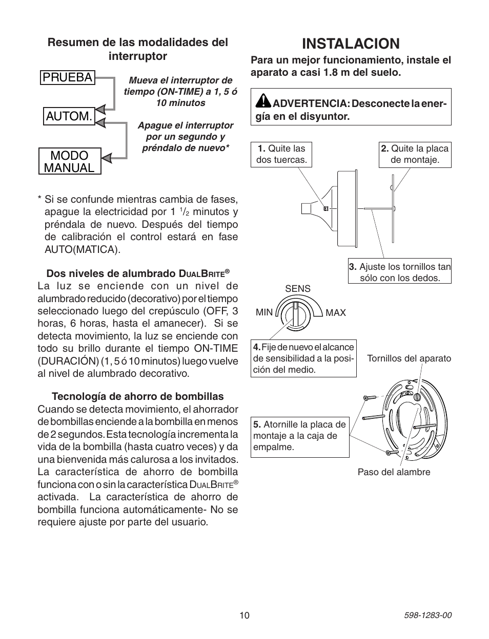 Instalacion, Prueba autom. modo manual, Resumen de las modalidades del interruptor | Heath Zenith 598-1283-00 User Manual | Page 10 / 24