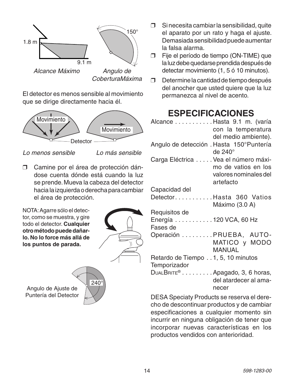 Especificaciones | Heath Zenith 598-1283-00 User Manual | Page 14 / 24