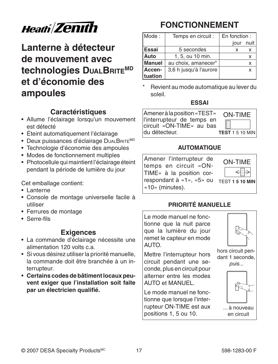 Et d’économie des ampoules, Fonctionnement, Caractéristiques | Exigences | Heath Zenith 598-1283-00 User Manual | Page 17 / 24