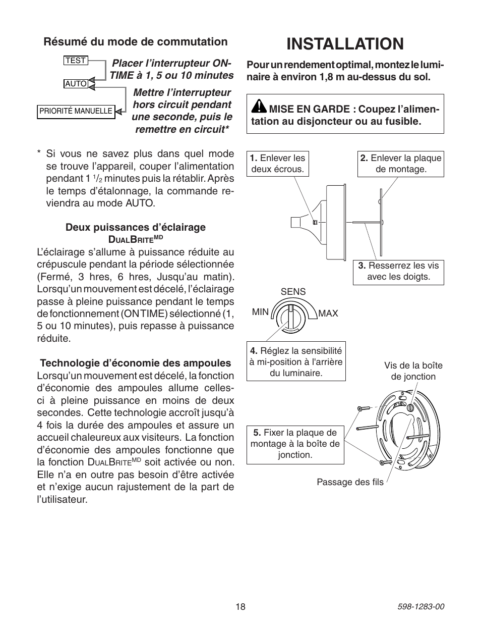 Installation, Résumé du mode de commutation | Heath Zenith 598-1283-00 User Manual | Page 18 / 24