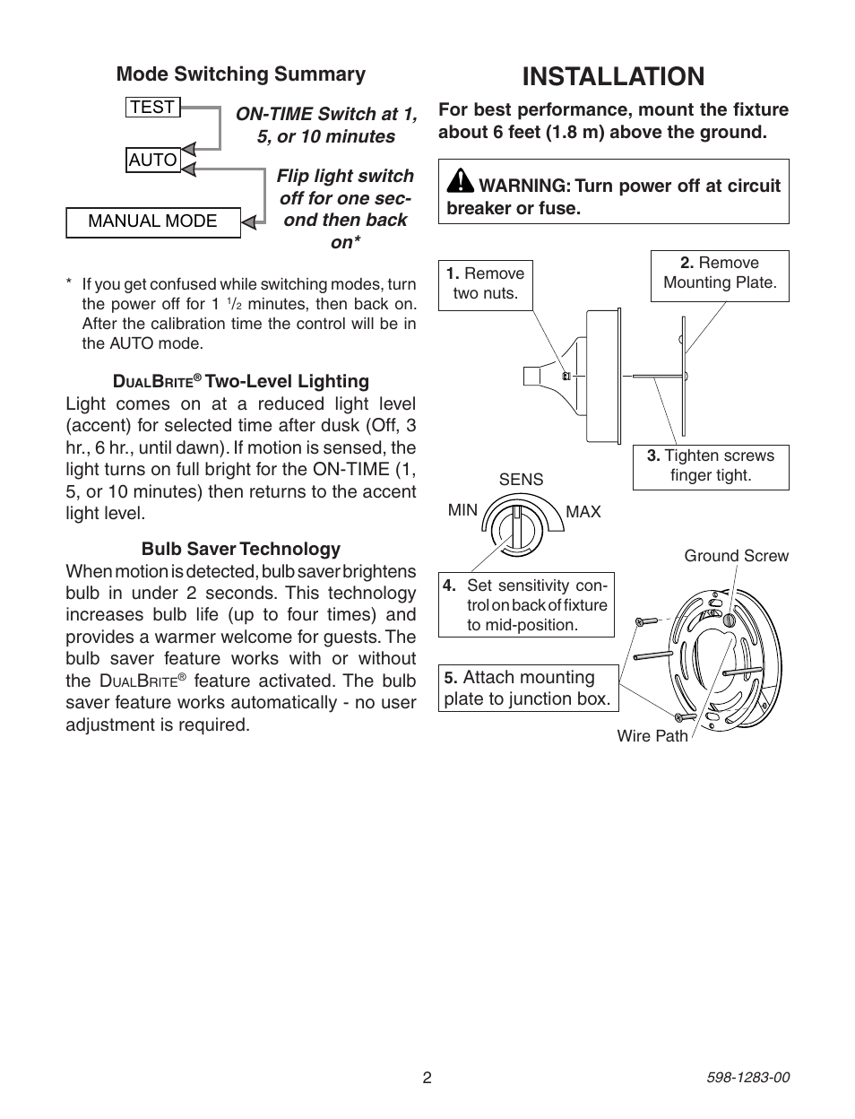 Installation, Mode switching summary | Heath Zenith 598-1283-00 User Manual | Page 2 / 24