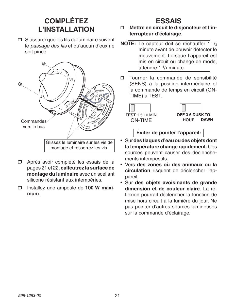 Essais, Complétez l'installation, On-time | Heath Zenith 598-1283-00 User Manual | Page 21 / 24