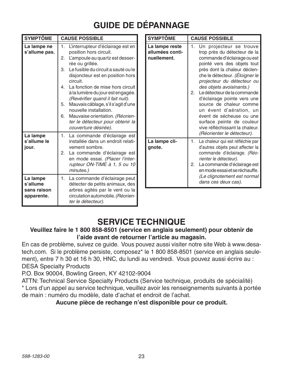 Guide de dépannage service technique | Heath Zenith 598-1283-00 User Manual | Page 23 / 24