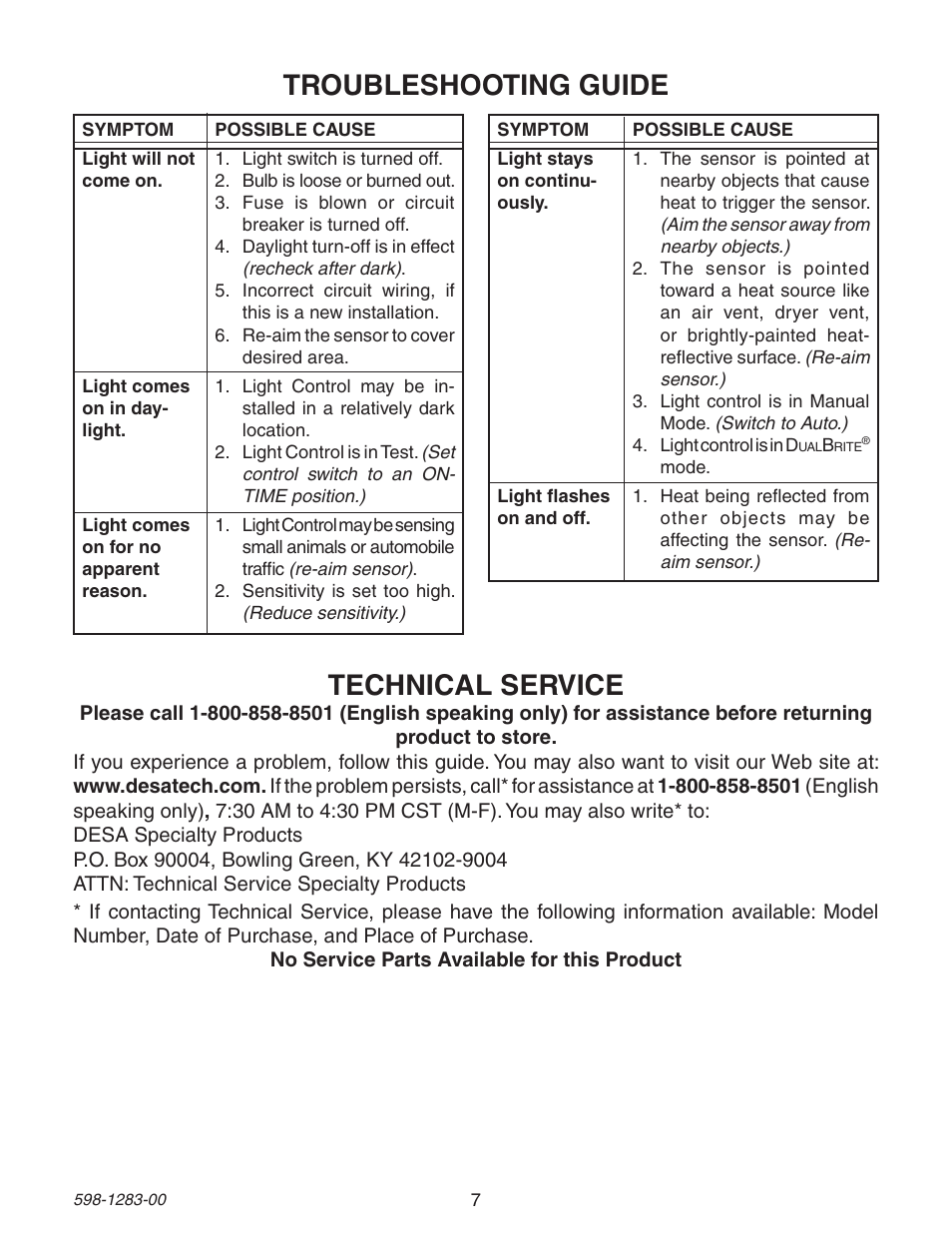 Troubleshooting guide technical service | Heath Zenith 598-1283-00 User Manual | Page 7 / 24