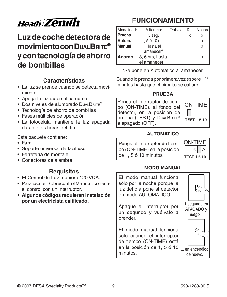 Luz de coche detectora de movimiento con d, Y con tecnología de ahorro de bombillas, Funcionamiento | Características, Requisitos | Heath Zenith 598-1283-00 User Manual | Page 9 / 24